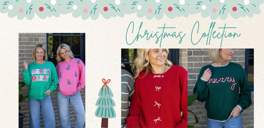 christmas holiday red green mary square michelle mcdowell pearl sweater sweatshirt ella chic boutique