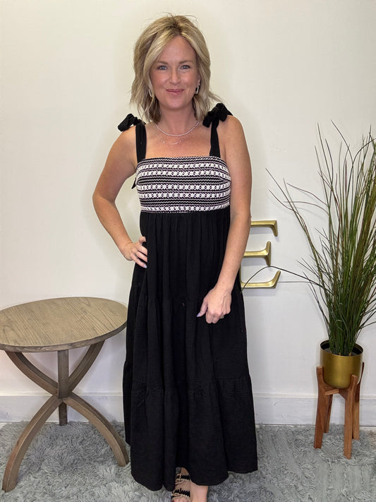 crochet bust black tiered maxi tank dress adjustable tie straps hem and thread