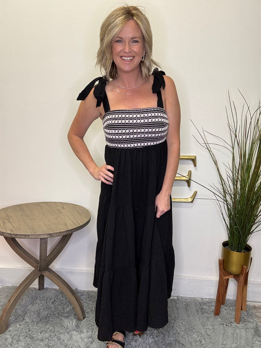 Crochet Bust Shoulder Tie Tiered Midi Dress
