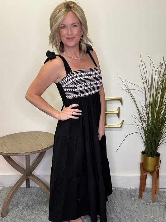 Crochet Bust Shoulder Tie Tiered Midi Dress