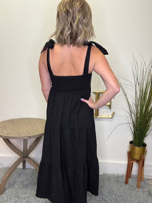 crochet bust black tiered maxi tank dress adjustable tie straps hem and thread