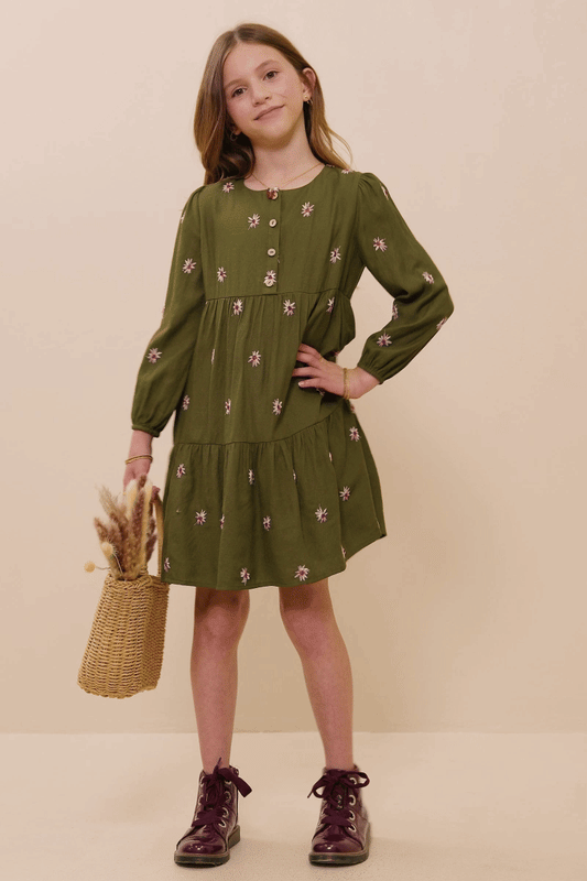 Girls Embroidered Ditsy Floral Buttoned Dress