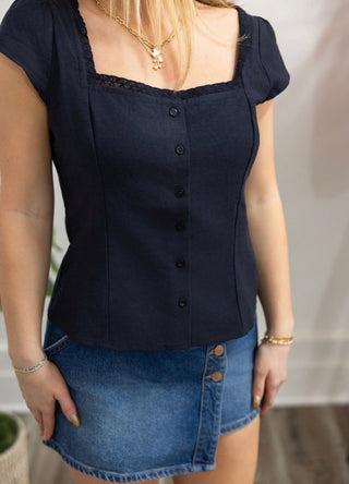 Elle Button Down Top in Navy 110 Tops - Ella Chic BoutiqueSunday Edition