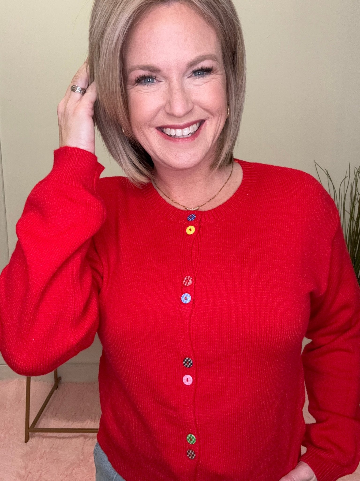 トップス andequal unique button cardigan red Fanciful Button Sweater Cardigan in Red – Ella Chic Boutique