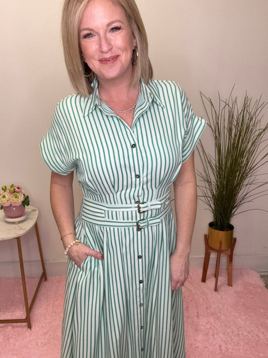 Fresh Start Green Striped Midi Dress