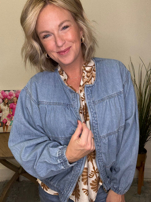 Gathered Detail Light Denim Jacket