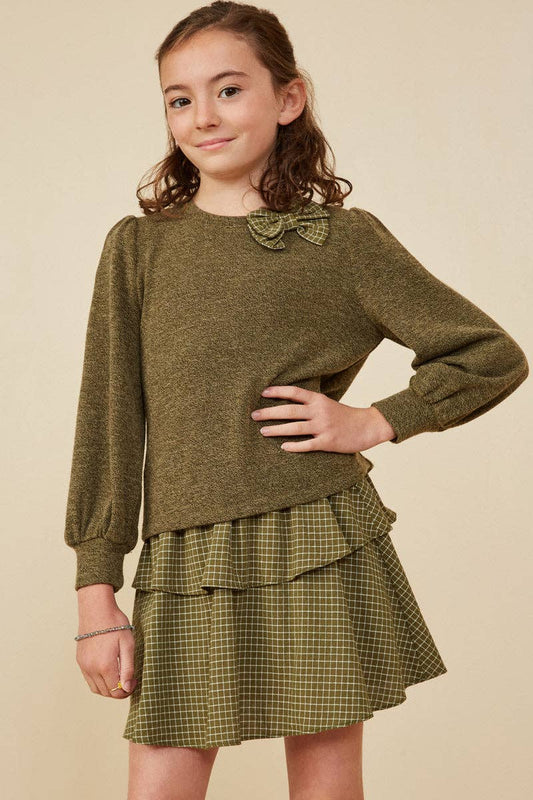 Girls Contrast Plaid Bow Textured Knit Top
