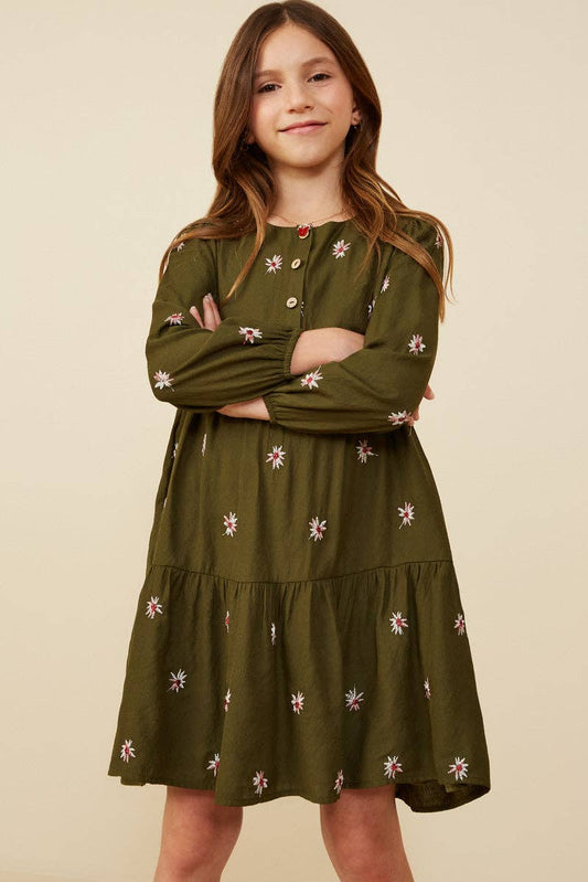 Girls Embroidered Ditsy Floral Buttoned Dress