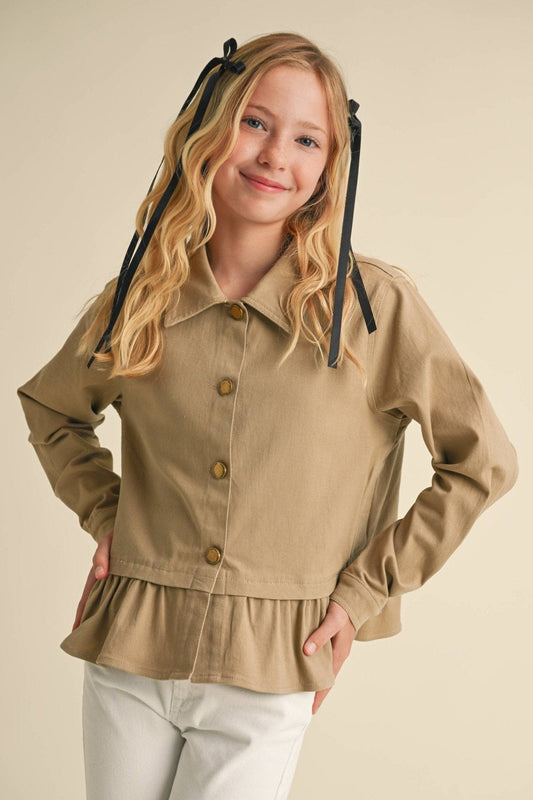 Girls Ruffle Hem Jacket in Tan 240 Kids Clothing - Ella Chic Boutique