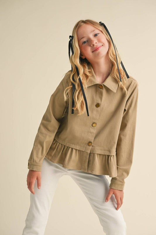 Girls Ruffle Hem Jacket in Tan 240 Kids Clothing - Ella Chic Boutique