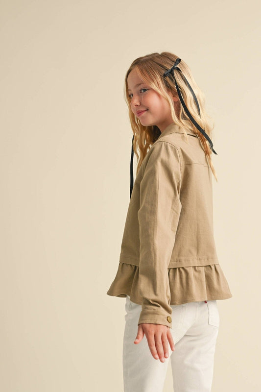 Girls Ruffle Hem Jacket in Tan 240 Kids Clothing - Ella Chic Boutique