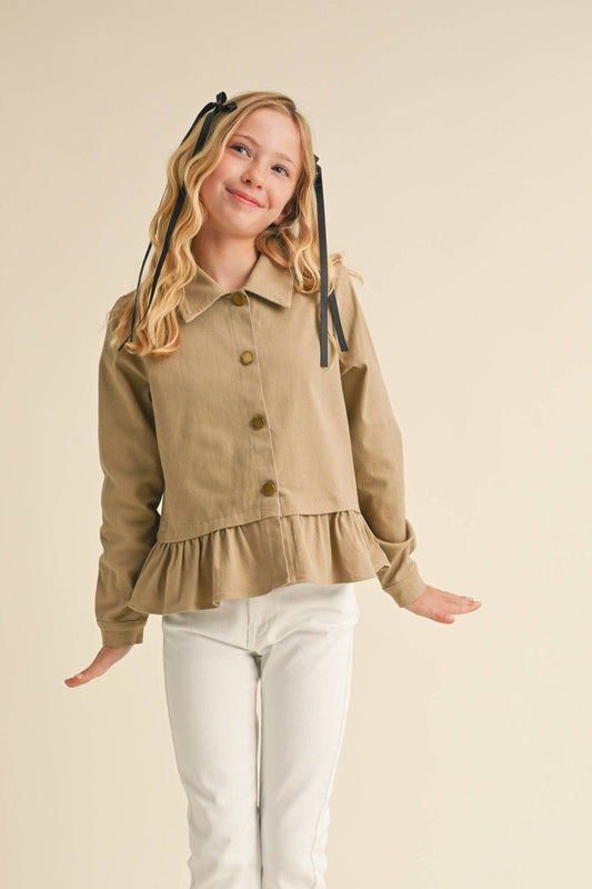 Girls Ruffle Hem Jacket in Tan 240 Kids Clothing - Ella Chic Boutique