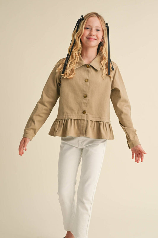 Girls Ruffle Hem Jacket in Tan 240 Kids Clothing - Ella Chic Boutique