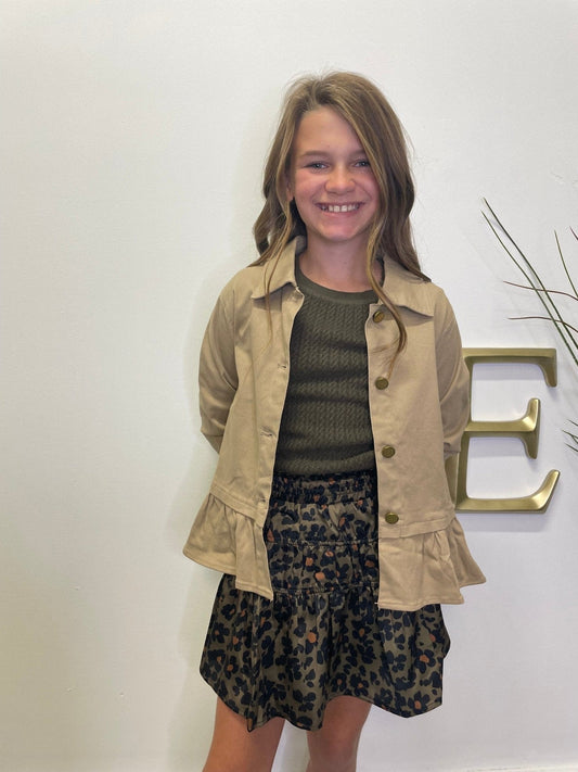 Girls Ruffle Hem Jacket in Tan 240 Kids Clothing - Ella Chic Boutique