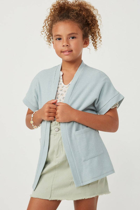 Girls Waffle Knit Short Sleeve Open Cardigan Vest