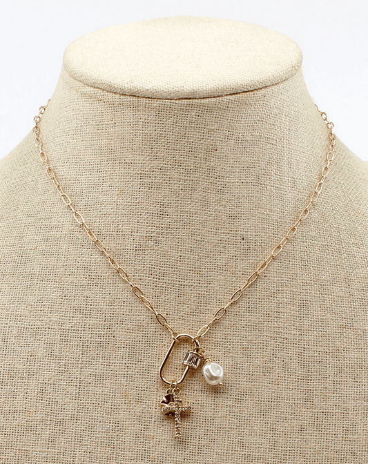 Gold Chain with Rhinestone Cross, Pearl, and Rhinestone Necklace