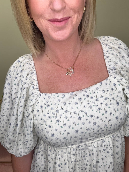 Gold Chain with Rhinestone Cross, Pearl, and Rhinestone Necklace
