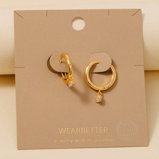 Gold Dipped Cz Charm Hinge Hoop Earrings