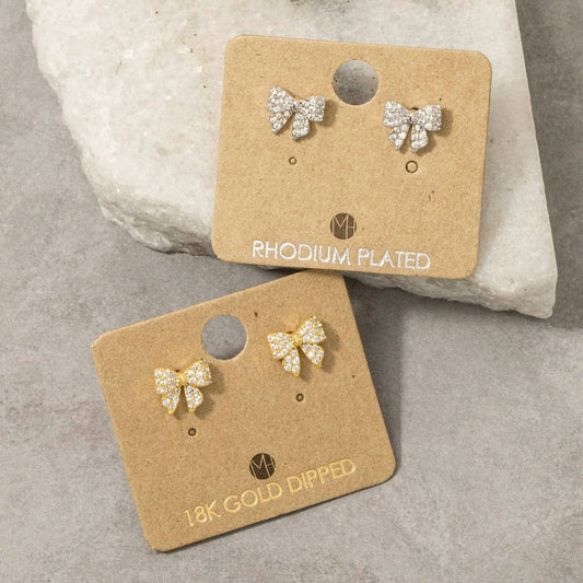 Gold Dipped Cz Pave Bow Ribbon Stud Earrings