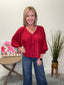 Happiest Red V - Neck Blouse with Balloon Sleeves 110 Tops - Ella Chic Boutique