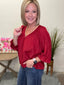 Happiest Red V - Neck Blouse with Balloon Sleeves 110 Tops - Ella Chic Boutique