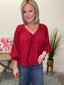 Happiest Red V - Neck Blouse with Balloon Sleeves 110 Tops - Ella Chic Boutique