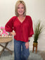 Happiest Red V-Neck Blouse with Balloon Sleeves