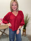 Happiest Red V - Neck Blouse with Balloon Sleeves 110 Tops - Ella Chic Boutique