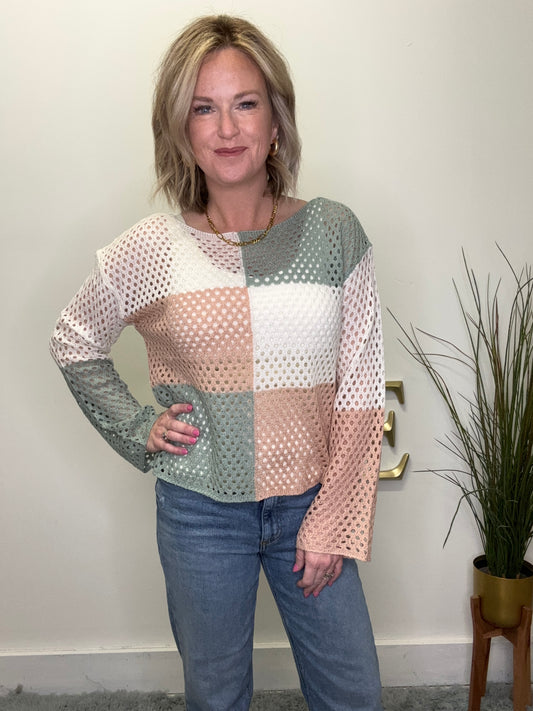 hem and thread fishnet open knit sweater top crochet colorblock sage greeen blush cream