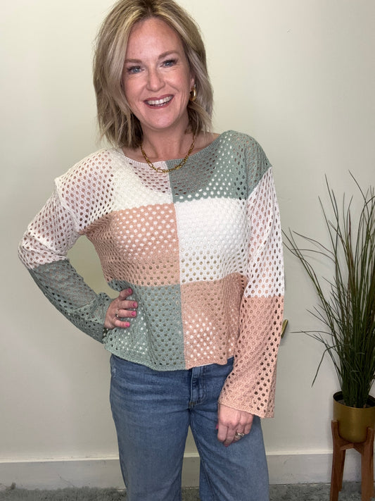 hem and thread fishnet open knit sweater top crochet colorblock sage greeen blush cream
