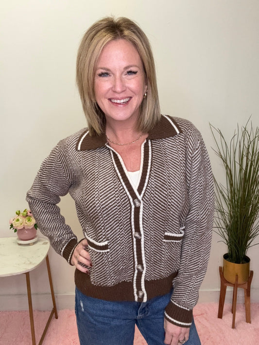 Herringbone Knit Cardigan in Brown