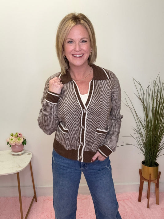 Herringbone Knit Cardigan in Brown
