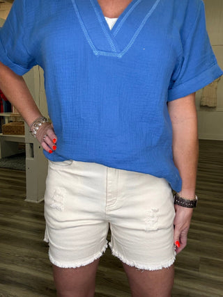 High Rise Distressed Denim Shorts in Soy Latte 180 Shorts & Skirts- Ella Chic BoutiqueLa Miel
