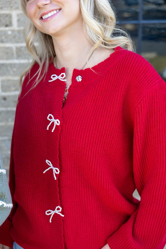 Holidays Red Cardigan with Scalloped Edges And Pearl Bows 130 Sweaters - Ella Chic Boutique