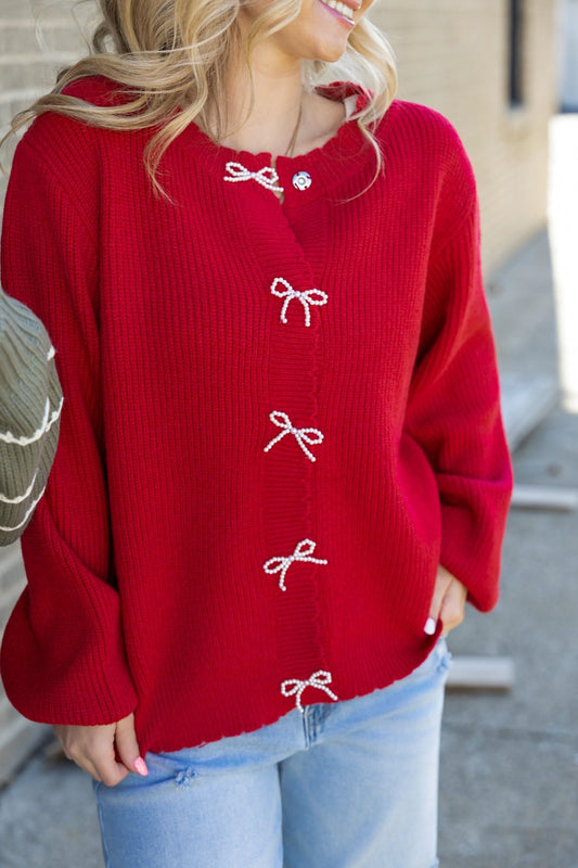Holidays Red Cardigan with Scalloped Edges And Pearl Bows 130 Sweaters - Ella Chic Boutique
