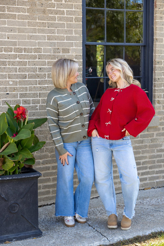 Holidays Red Cardigan with Scalloped Edges And Pearl Bows 130 Sweaters - Ella Chic Boutique