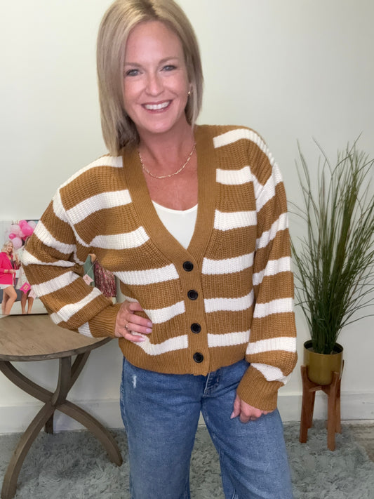 hyfve double zero Stripes Buttons Cardigan camel white ivory wide horizontal stripes fall clothing Ella Chic Boutique