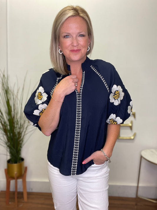 Endless Details Embroidered Puff Sleeve Top - Ella Chic Boutique