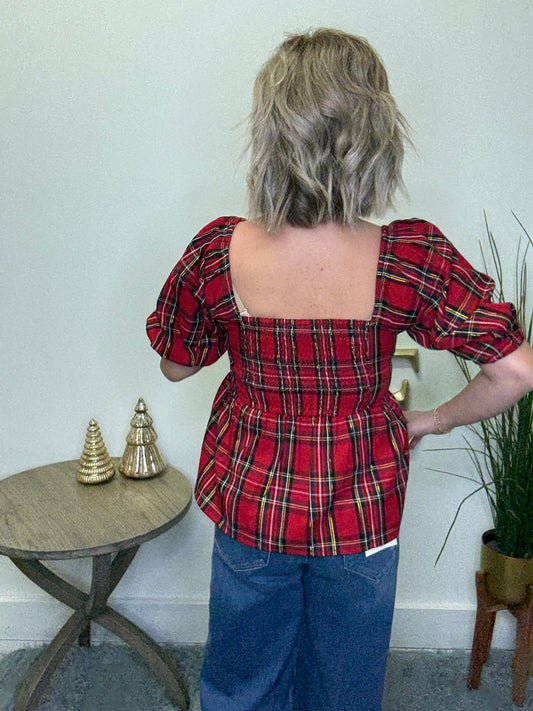 Isabel Red Holiday Plaid Top 110 Tops - Ella Chic Boutique