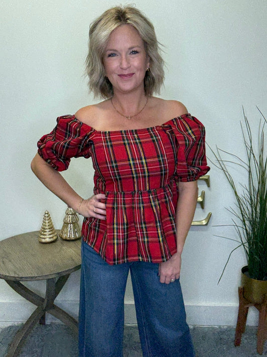 Isabel Red Holiday Plaid Top 110 Tops - Ella Chic Boutique