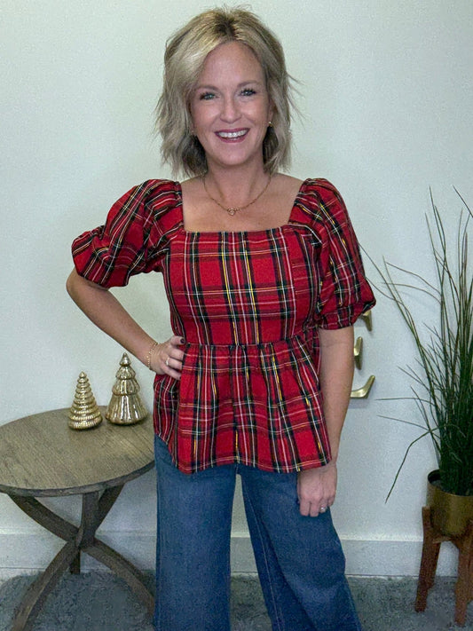 Isabel Red Holiday Plaid Top 110 Tops - Ella Chic Boutique