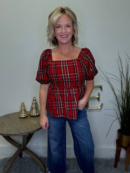 Isabel Red Holiday Plaid Top 110 Tops - Ella Chic Boutique