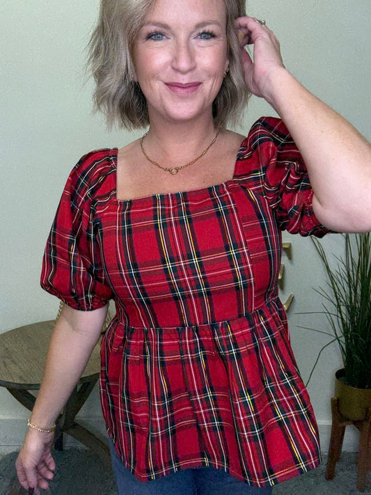 Isabel Red Holiday Plaid Top 110 Tops - Ella Chic Boutique