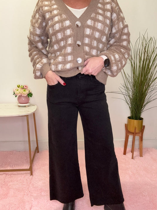Jet Black High Rise Raw Hem Crop Wide Leg Jeans by Lovervet