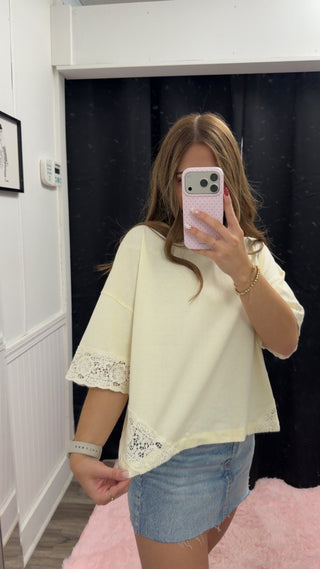 Lace Hem T-shirt Top in Creamy butter Yellow short sleeves comfy fit fall oversized tee Ella Chic Boutique Vine & Love