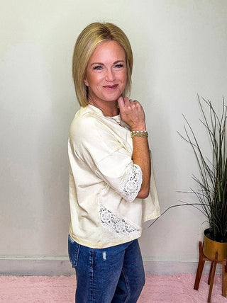 Lace Hem Short Sleeve Top in Creamy Yellow 110 Tops- Ella Chic BoutiqueVine & Love