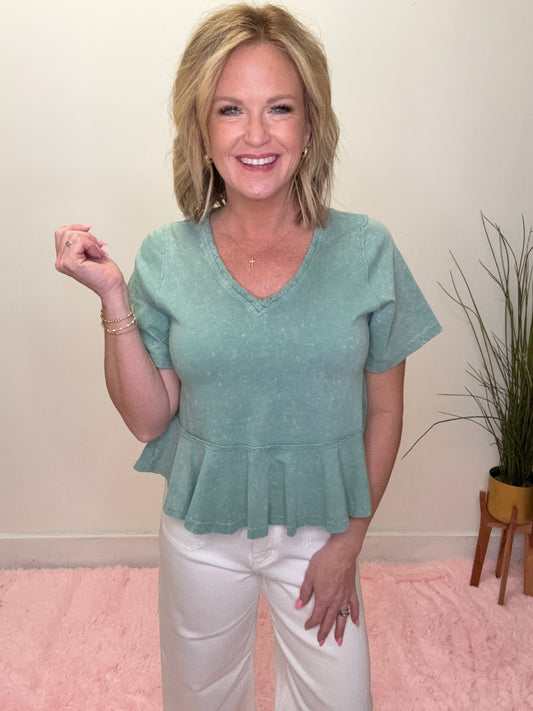 Lace Trim Mineral Washed V-Neck Peplum Top