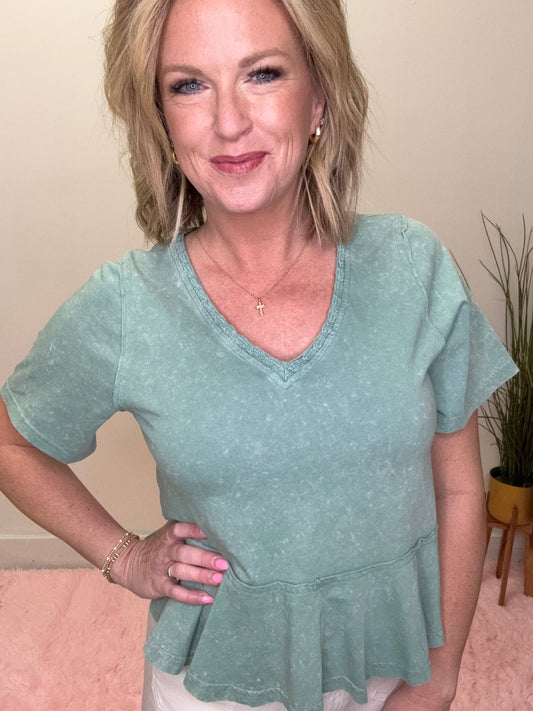 Lace Trim Mineral Washed V-Neck Peplum Top