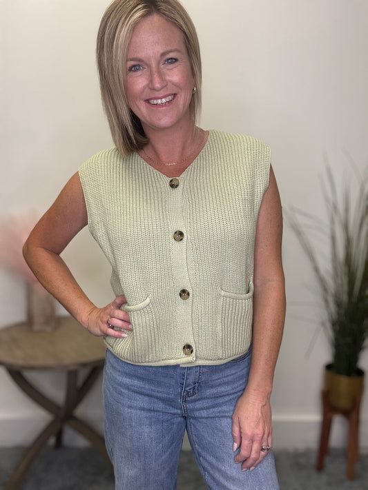 Light Green Button Front Sweater Vest