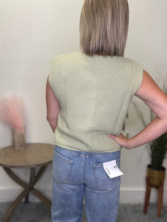 le lis light green sleeveless sweater vest big button front pockets top